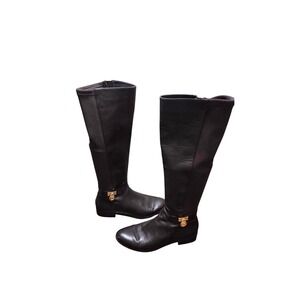Michael Kors Brown Leather Knee-High Riding Boots Gold Logo Stretch Panels 6.5M